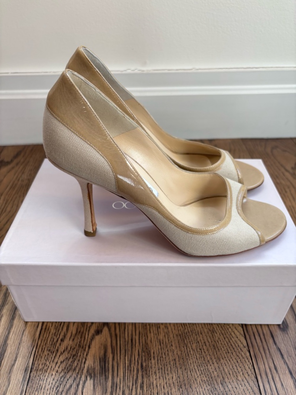 Jimmy Choo Peep Toe Pump Nude Sand Canvas Sz 38.5